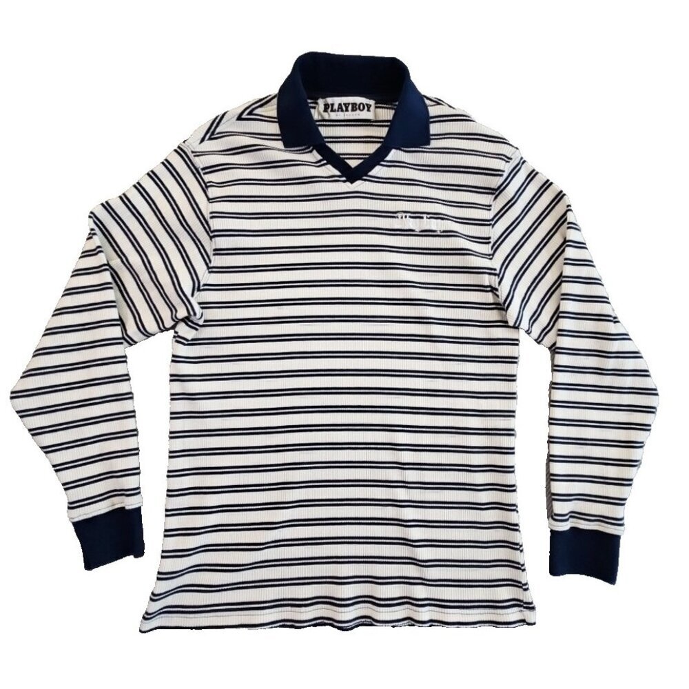 Playboy Pacsun Men's Navy Blue Ribbed Knit Sweater Size Small Embroidery EUC‎
